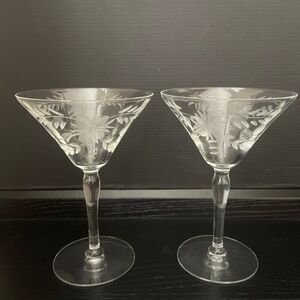 Vintage Etched Floral 6” Martini Champagne Tall Sherbet Glass Set Of 2 EUC